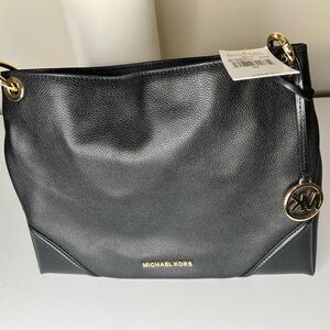 Michael Kors Nicole Medium Black Leather Shoulder Bag with Gold Details